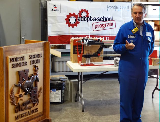 LyondellBasell Houston Refinery Site Manager Jerome Mauvigney addresses students at North Shore Senior High School